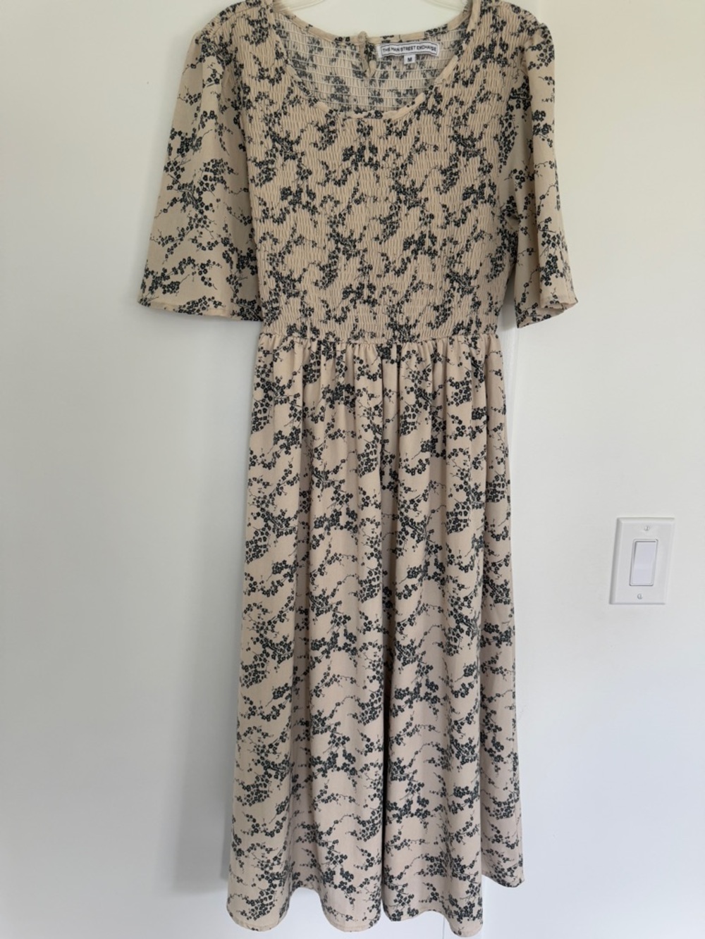 The Main Street Exchange Beige Floral-Print Smocked Midi Dress